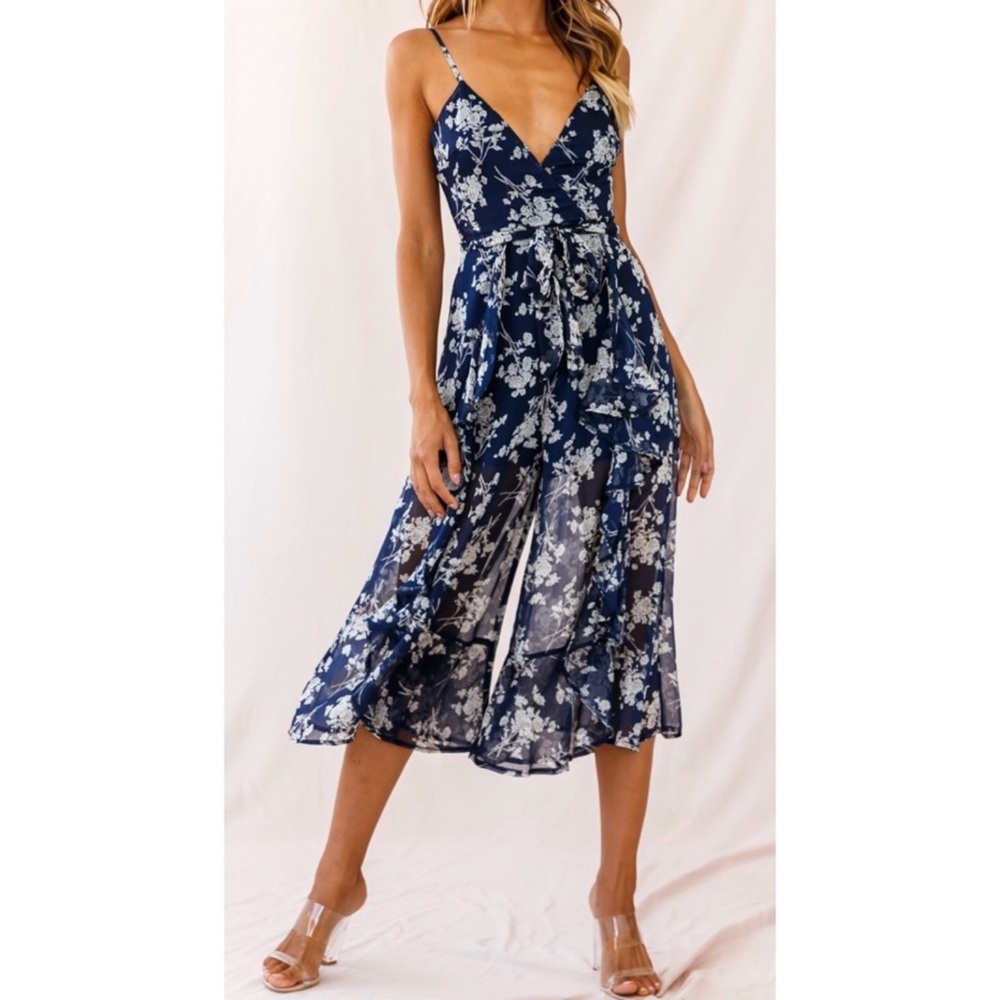 Thin strap midi jumpsuit in navy